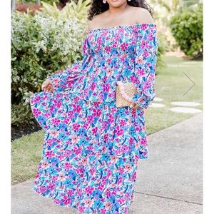 Blue smocked floral maxi dress